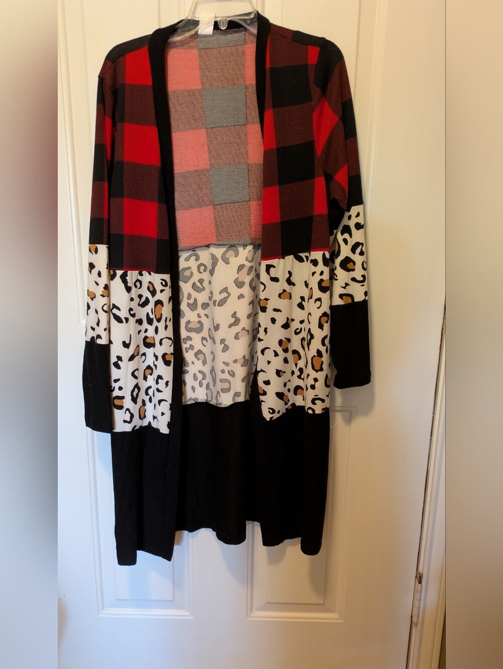 Plaid & Leopard Print Open Front Long Cardigan - Red/Black